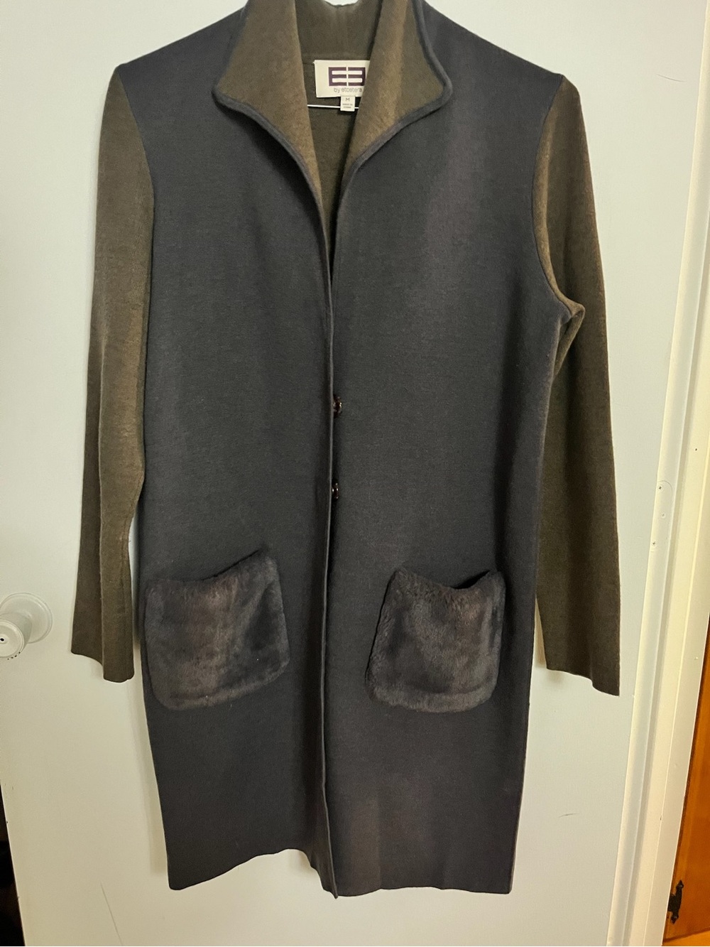 Etcetera Black Coat with Olive Sleeves and Faux-Fur Pockets